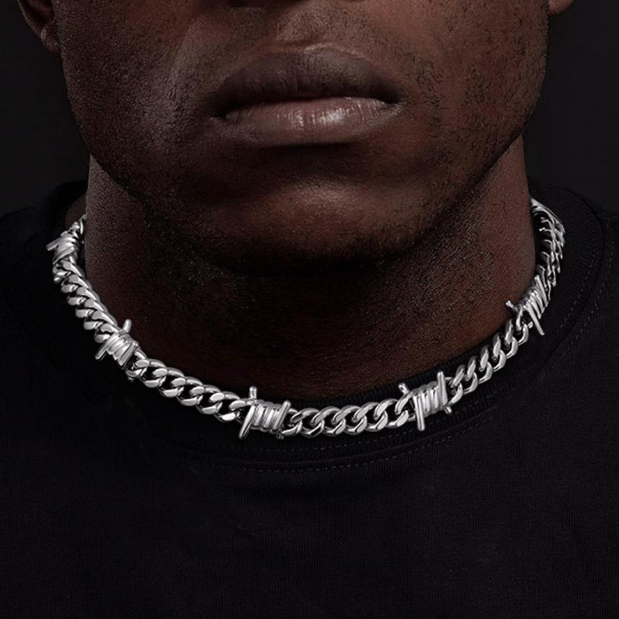 Barb Wire Cuban Link Chain Choker Necklace for Men