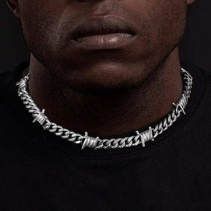 Barb Wire Cuban Link Chain Choker Necklace for Men
