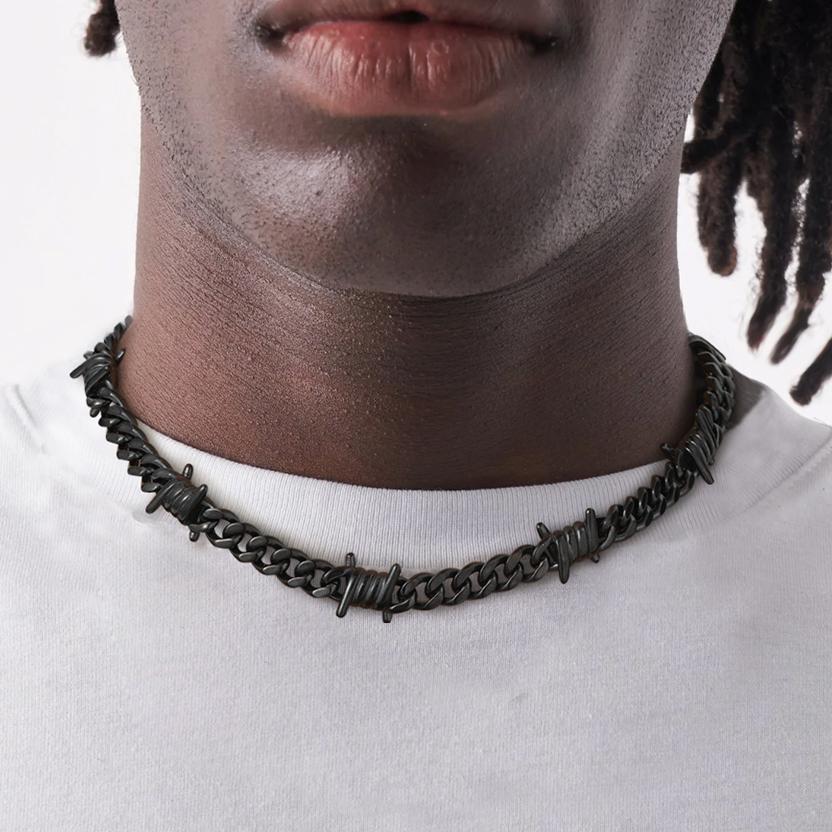 Black Barb Wire Cuban Link Chain Choker Necklace for Men