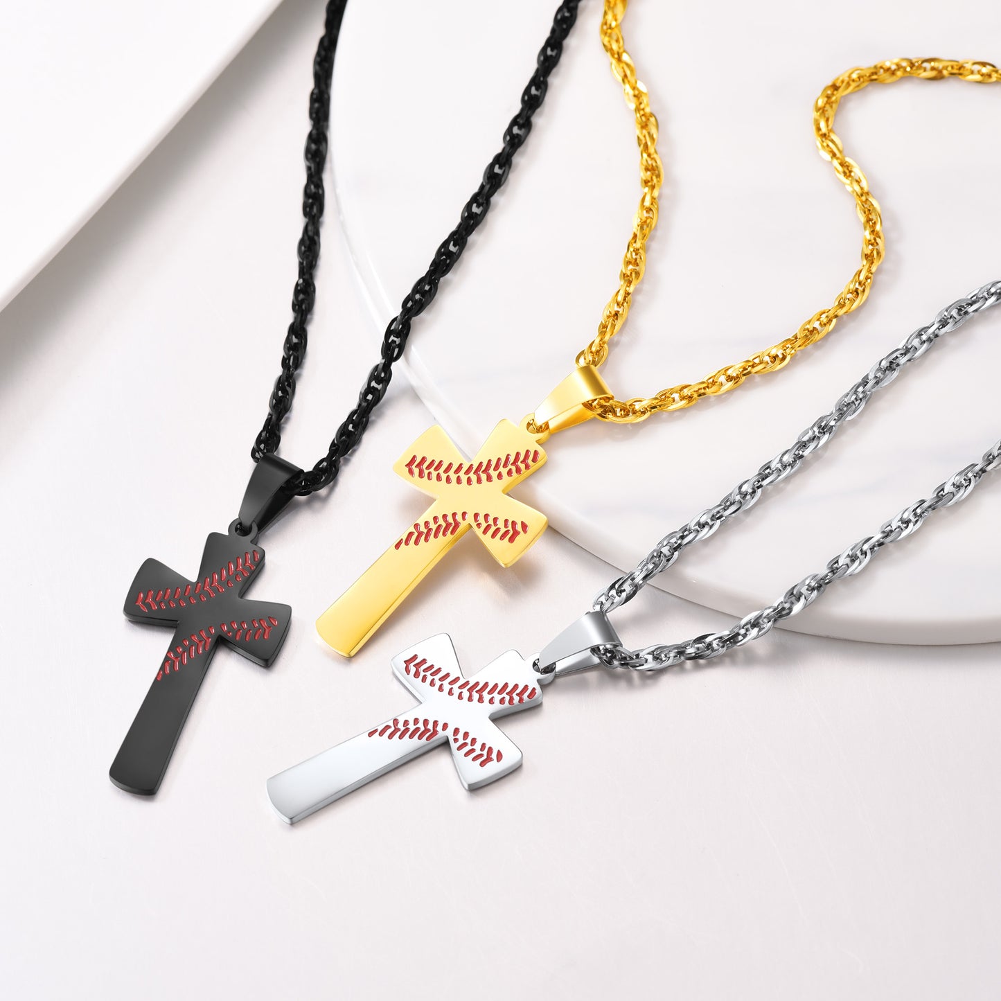 Engraved Sport Baseball Cross Necklace Pendant for Men Women