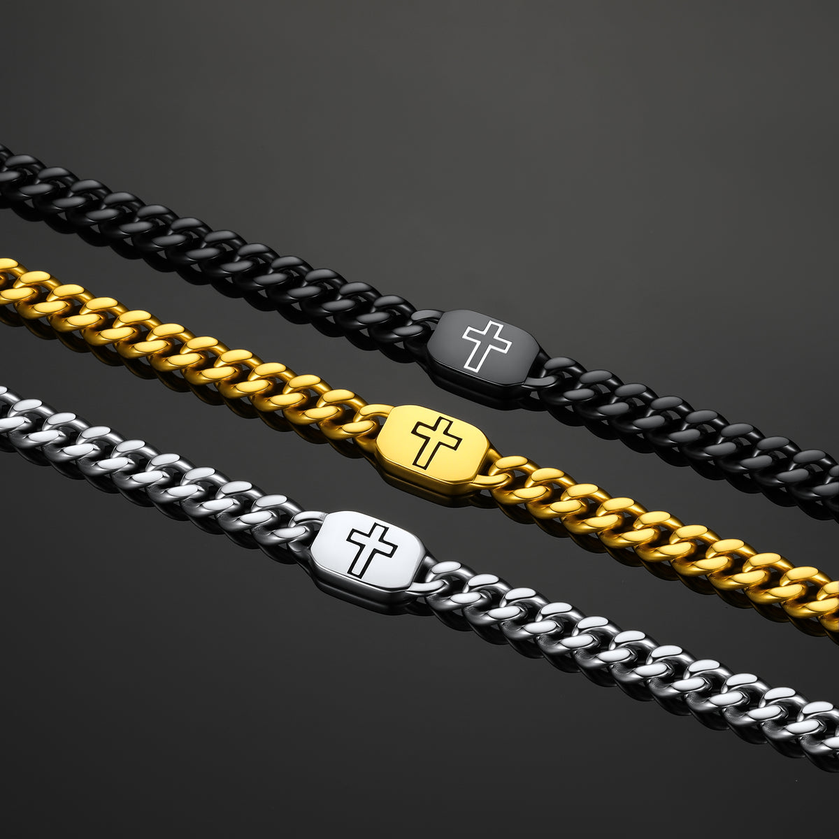 Bible Verse Joshua 1:9 Cross Cuban Chain Link Necklace for Men in black, gold, and silver on a dark reflective background.
