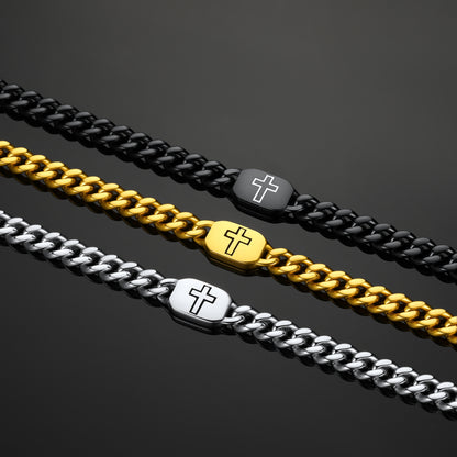 Bible Verse Joshua 1:9 Cross Cuban Chain Link Necklace for Men in black, gold, and silver on a dark reflective background.