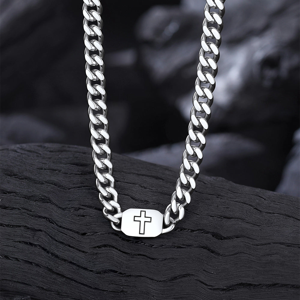 Bible Verse Joshua 1:9 Cross Cuban Chain Link Necklace for Men - FaithHeart Jewelry