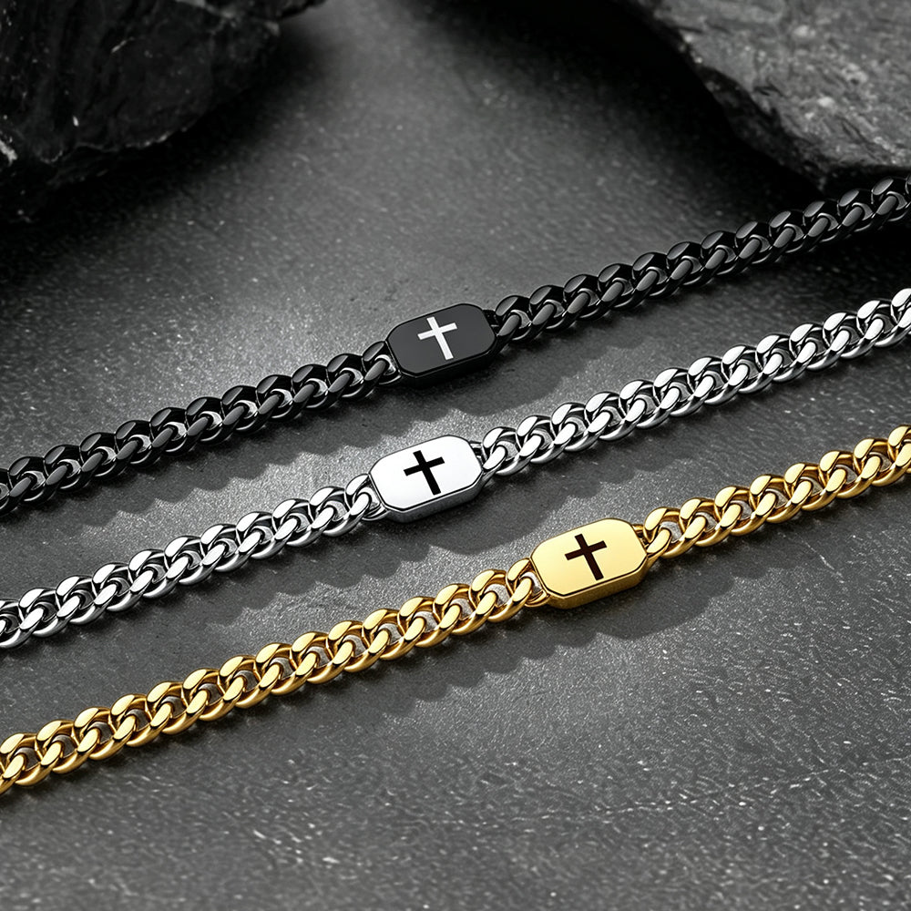 Bible verse cross Cuban chain necklaces in silver, gold and black finishes