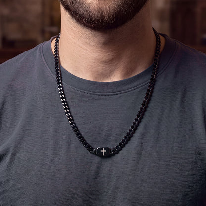 Man wearing Bible verse cross Cuban chain necklace, front view