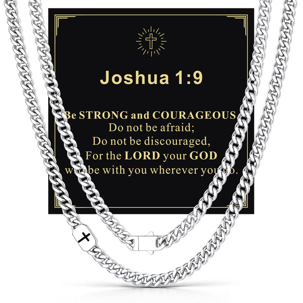 Steel 7mm Joshua 1:9 — Bible Verse Cross Cuban Chain Link Necklace for Men