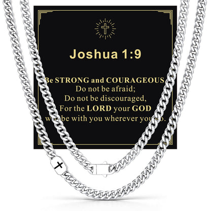 Steel 7mm Joshua 1:9 — Bible Verse Cross Cuban Chain Link Necklace for Men