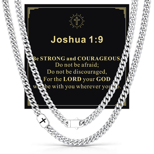 Steel 7mm Joshua 1:9 — Bible Verse Cross Cuban Chain Link Necklace for Menimg