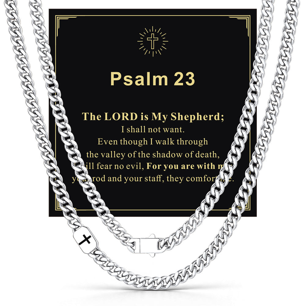 Steel 7mm Psalm 23 — Bible Verse Cross Cuban Chain Link Necklace for Men