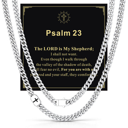 Steel 7mm Psalm 23 — Bible Verse Cross Cuban Chain Link Necklace for Men