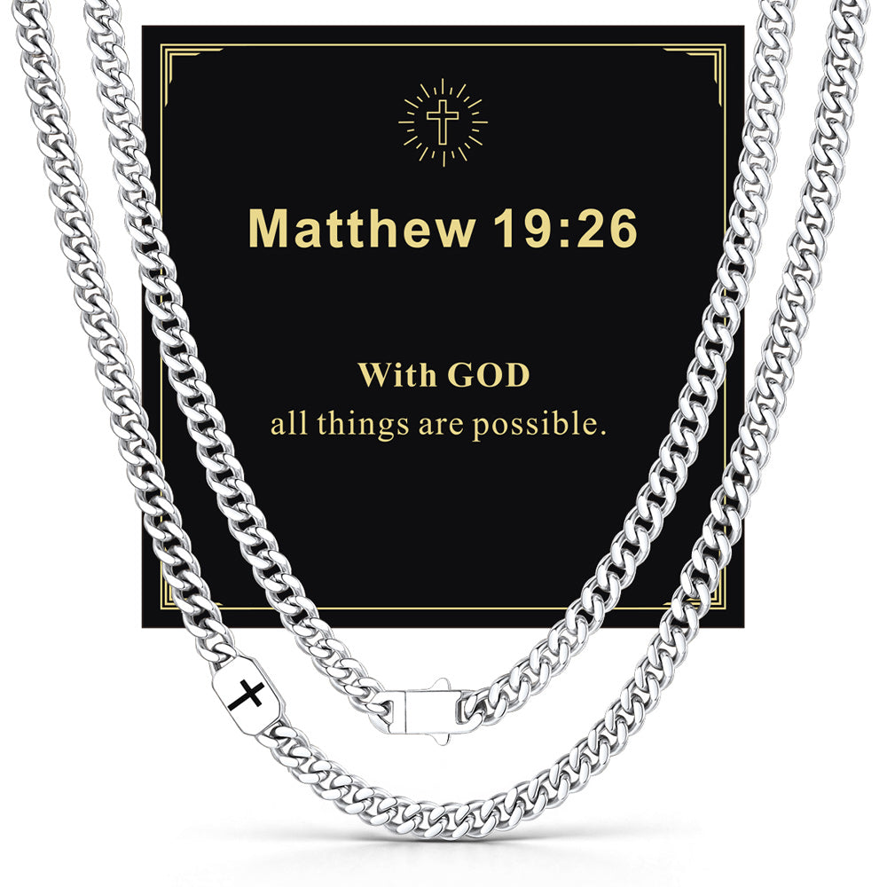 Steel 7mm Matthew 19:26 — Bible Verse Cross Cuban Chain Link Necklace for Men