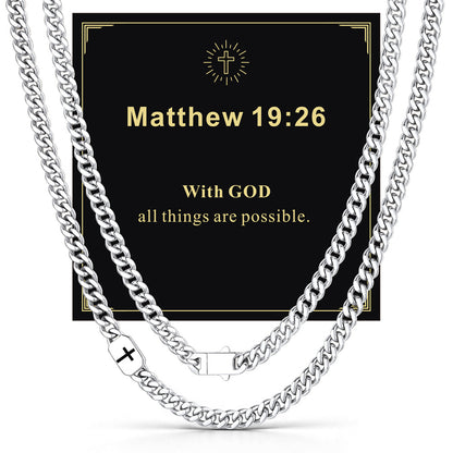 Steel 7mm Matthew 19:26 — Bible Verse Cross Cuban Chain Link Necklace for Men