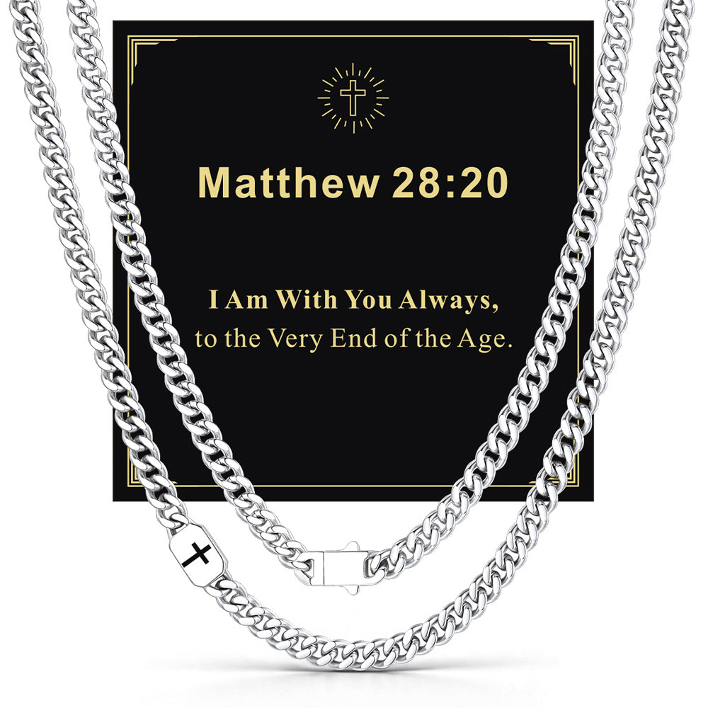 Steel 7mm Matthew 28:20 — Bible Verse Cross Cuban Chain Link Necklace for Men