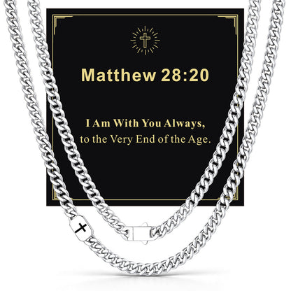 Steel 7mm Matthew 28:20 — Bible Verse Cross Cuban Chain Link Necklace for Men
