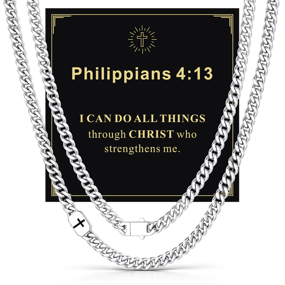 Steel 7mm Philippians 4:13 — Bible Verse Cross Cuban Chain Link Necklace for Men
