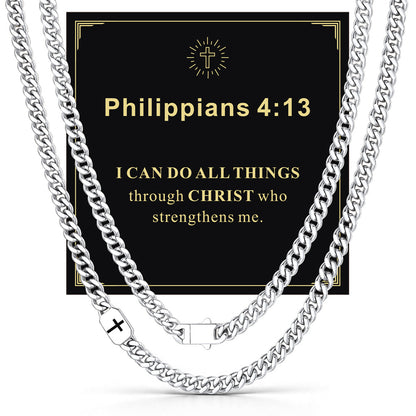 Steel 7mm Philippians 4:13 — Bible Verse Cross Cuban Chain Link Necklace for Men