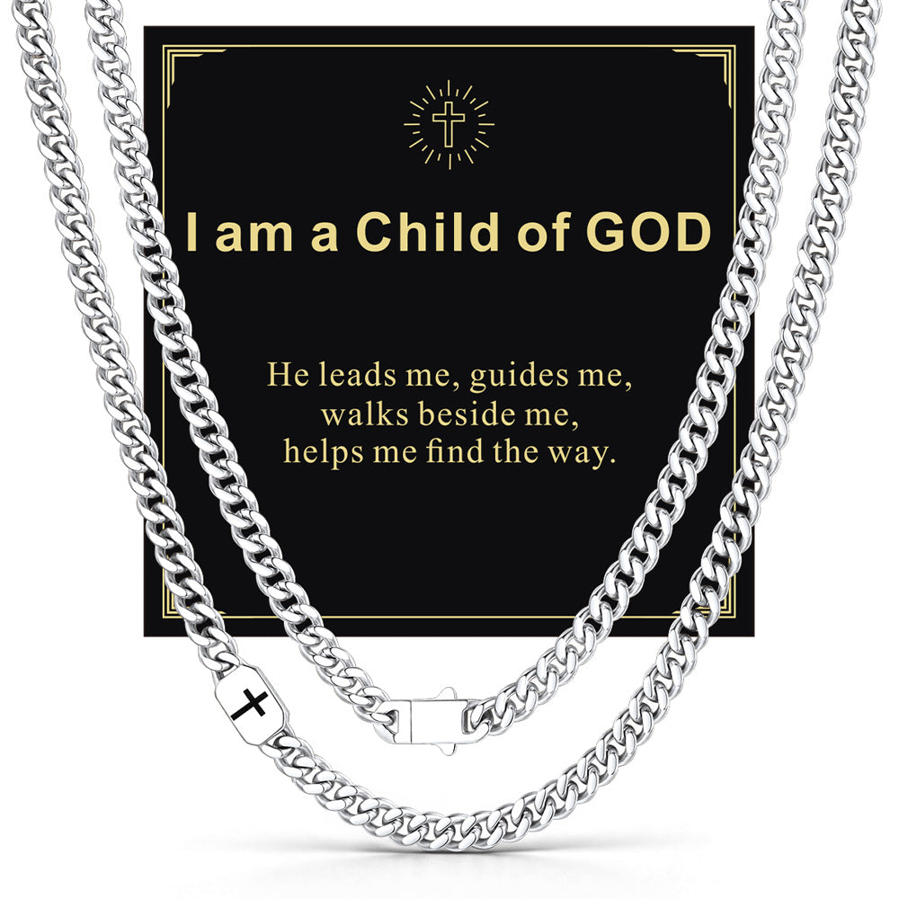 Steel 7mm I am a Child of GOD — Bible Verse Cross Cuban Chain Link Necklace for Men