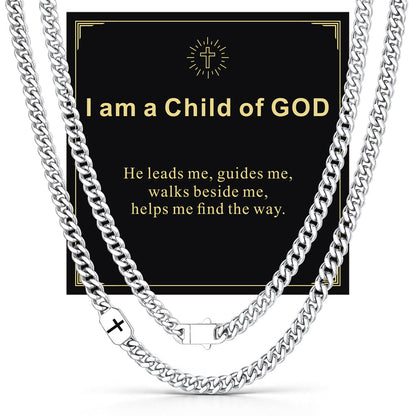 Steel 7mm I am a Child of GOD — Bible Verse Cross Cuban Chain Link Necklace for Men