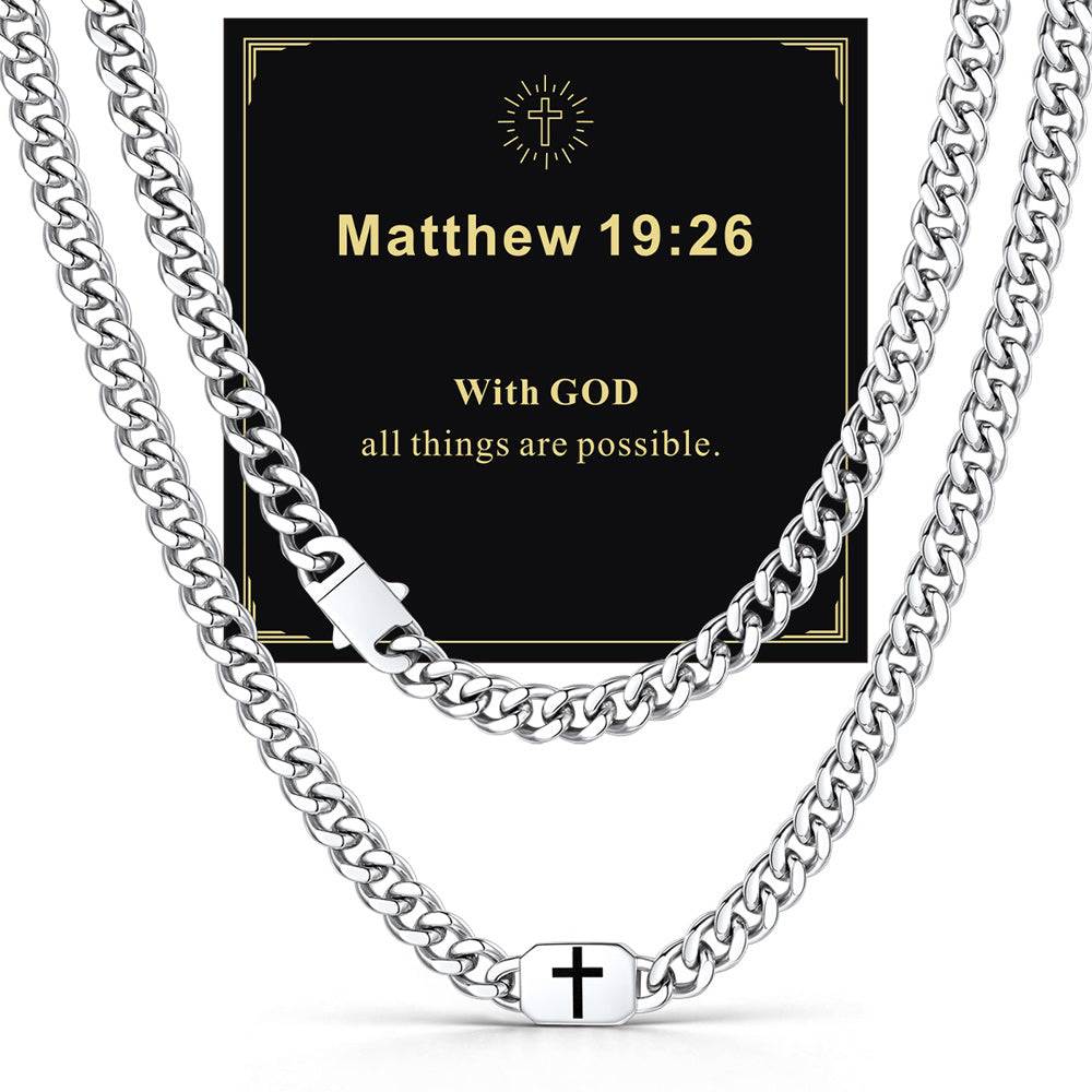 Steel 9mm Matthew 19:26 — Bible Verse Cross Cuban Chain Link Necklace for Men
