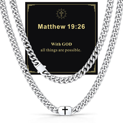 Steel 9mm Matthew 19:26 — Bible Verse Cross Cuban Chain Link Necklace for Men
