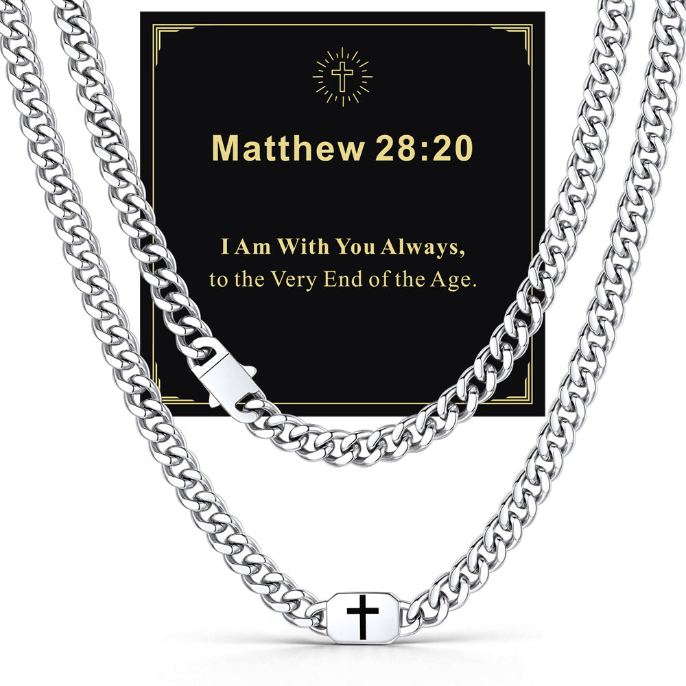 Steel 9mm Matthew 28:20 — Bible Verse Cross Cuban Chain Link Necklace for Men