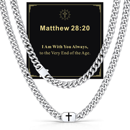 Steel 9mm Matthew 28:20 — Bible Verse Cross Cuban Chain Link Necklace for Men