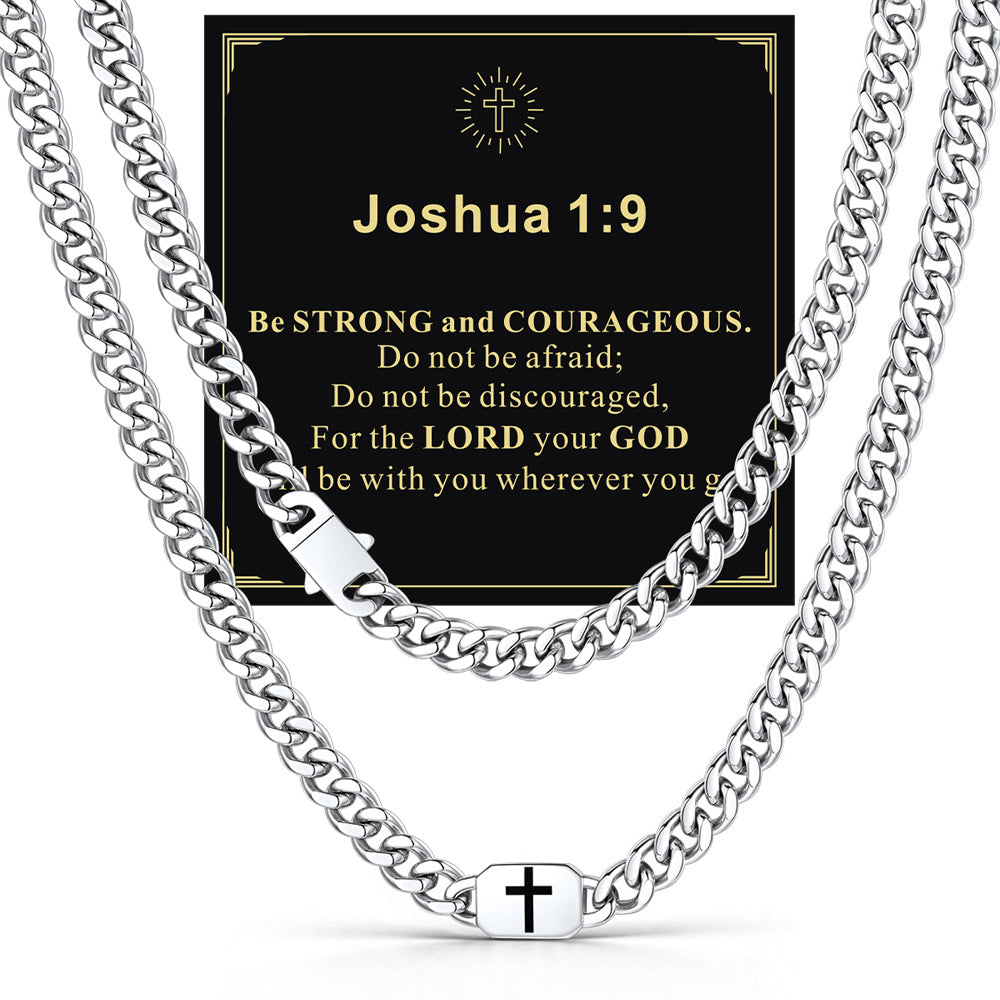 Steel 9mm Psalm 23 — Bible Verse Cross Cuban Chain Link Necklace for Men