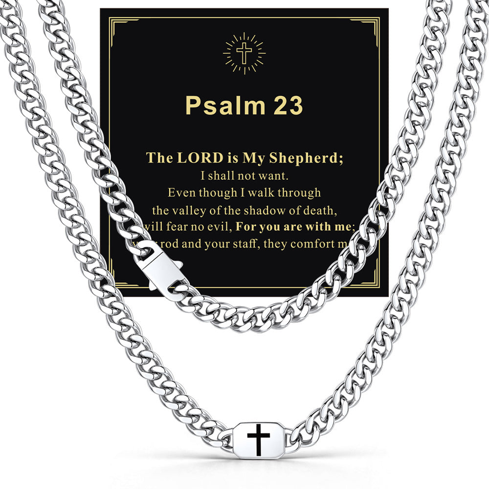 Steel 9mm Joshua 1:9 — Bible Verse Cross Cuban Chain Link Necklace for Men