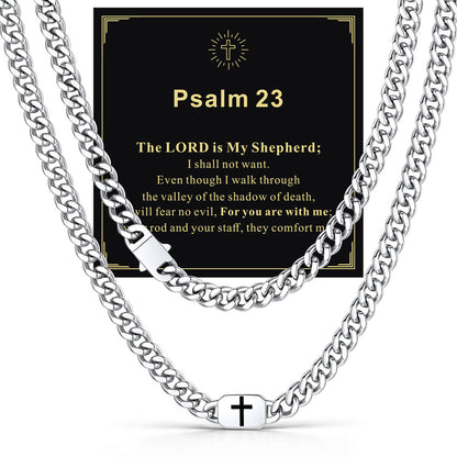 Steel 9mm Joshua 1:9 — Bible Verse Cross Cuban Chain Link Necklace for Men