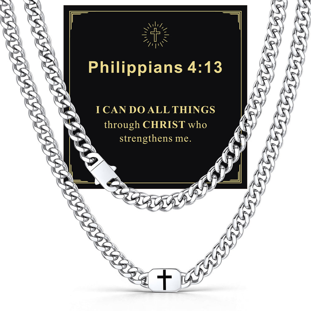 Steel 9mm Philippians 4:13 — Bible Verse Cross Cuban Chain Link Necklace for Men