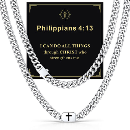 Steel 9mm Philippians 4:13 — Bible Verse Cross Cuban Chain Link Necklace for Men