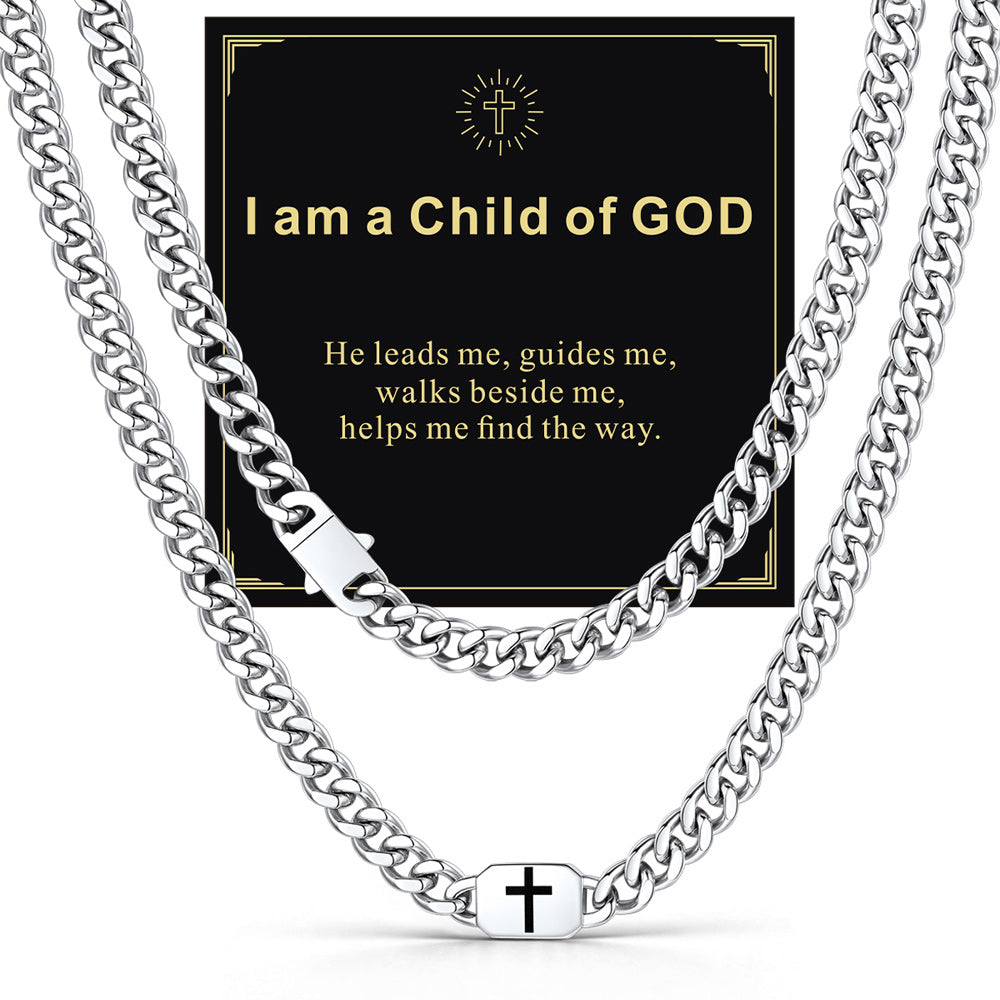 Steel 9mm I am a Child of GOD — Bible Verse Cross Cuban Chain Link Necklace for Men