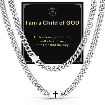 Steel 9mm I am a Child of GOD — Bible Verse Cross Cuban Chain Link Necklace for Men