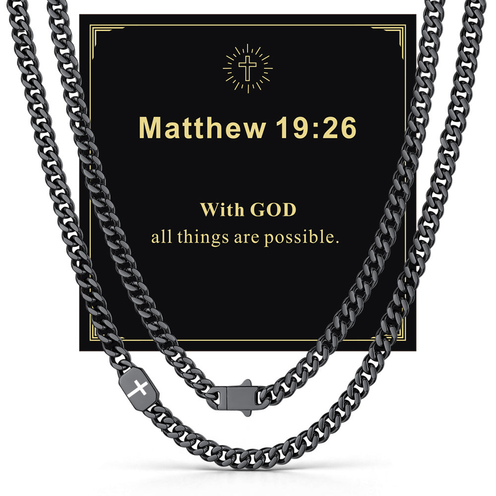 Black 7mm Matthew 19:26 — Bible Verse Cross Cuban Chain Link Necklace for Men