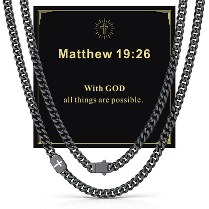 Black 7mm Matthew 19:26 — Bible Verse Cross Cuban Chain Link Necklace for Men