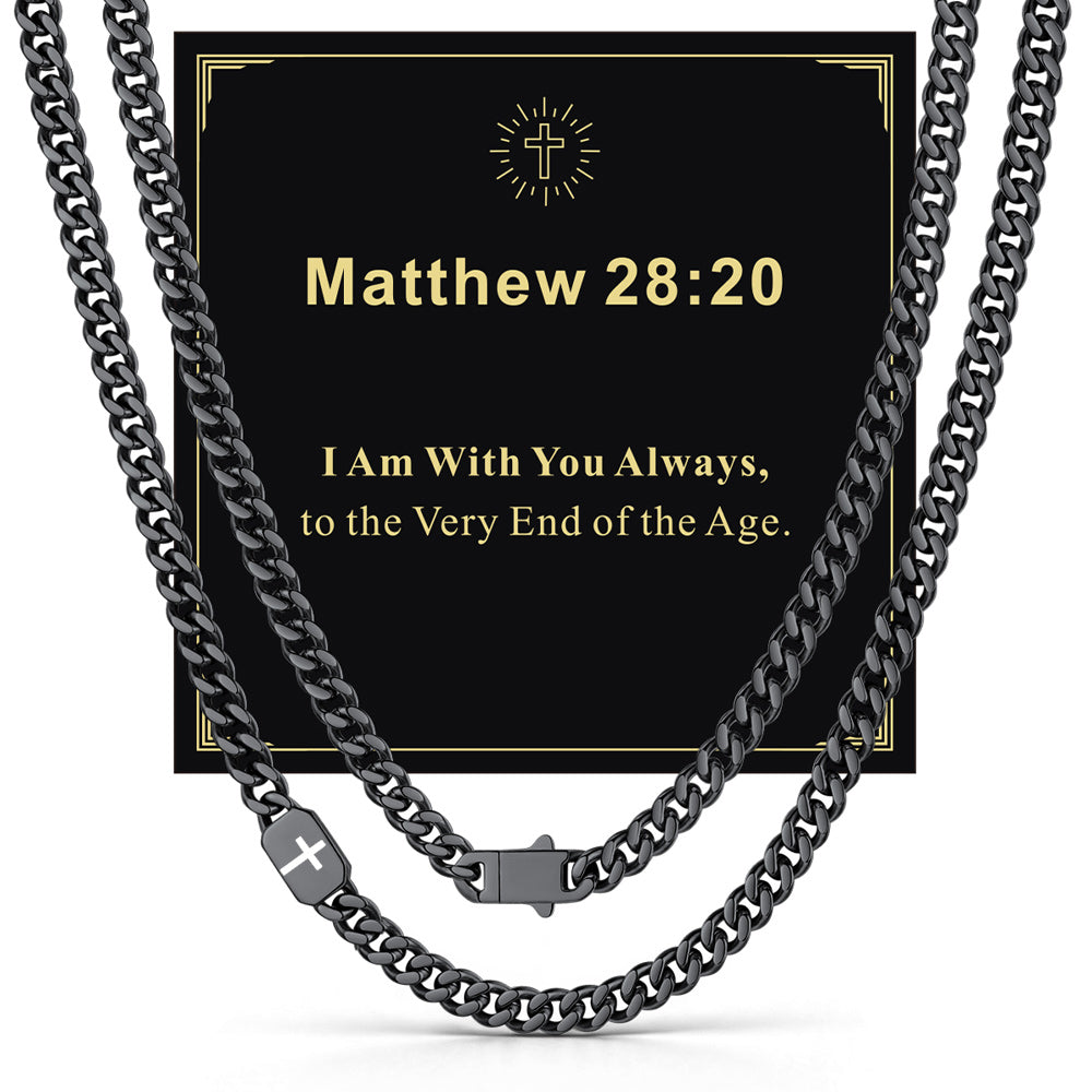 Black 7mm Matthew 28:20 — Bible Verse Cross Cuban Chain Link Necklace for Men