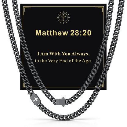 Black 7mm Matthew 28:20 — Bible Verse Cross Cuban Chain Link Necklace for Men