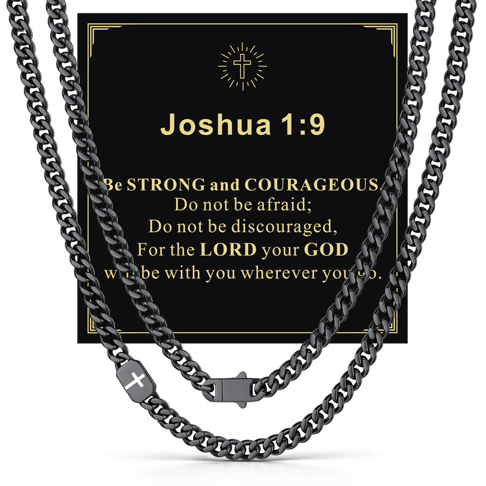 Black 7mm Joshua 1:9 — Bible Verse Cross Cuban Chain Link Necklace for Men