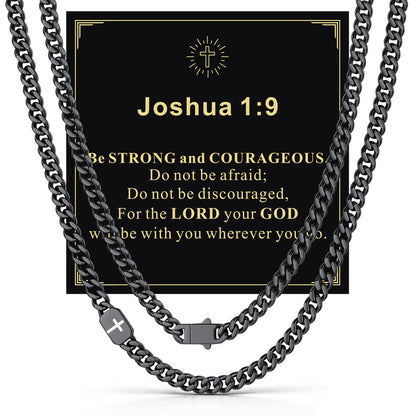 Black 7mm Joshua 1:9 — Bible Verse Cross Cuban Chain Link Necklace for Men