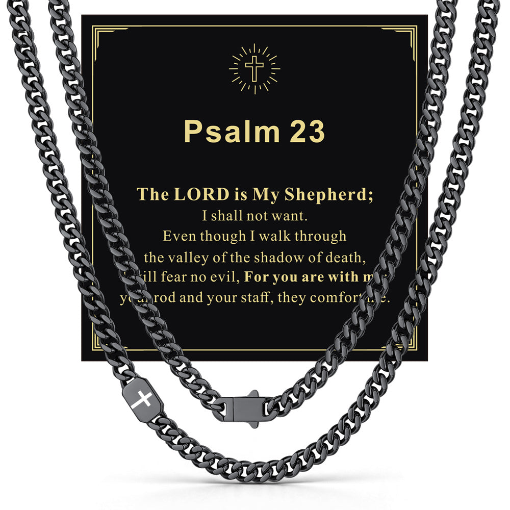Black 7mm Psalm 23 — Bible Verse Cross Cuban Chain Link Necklace for Men