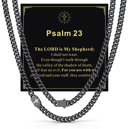 Black 7mm Psalm 23 — Bible Verse Cross Cuban Chain Link Necklace for Men
