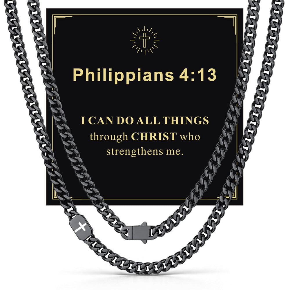 Black 7mm Philippians 4:13 — Bible Verse Cross Cuban Chain Link Necklace for Men