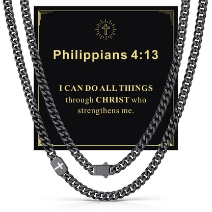 Black 7mm Philippians 4:13 — Bible Verse Cross Cuban Chain Link Necklace for Men