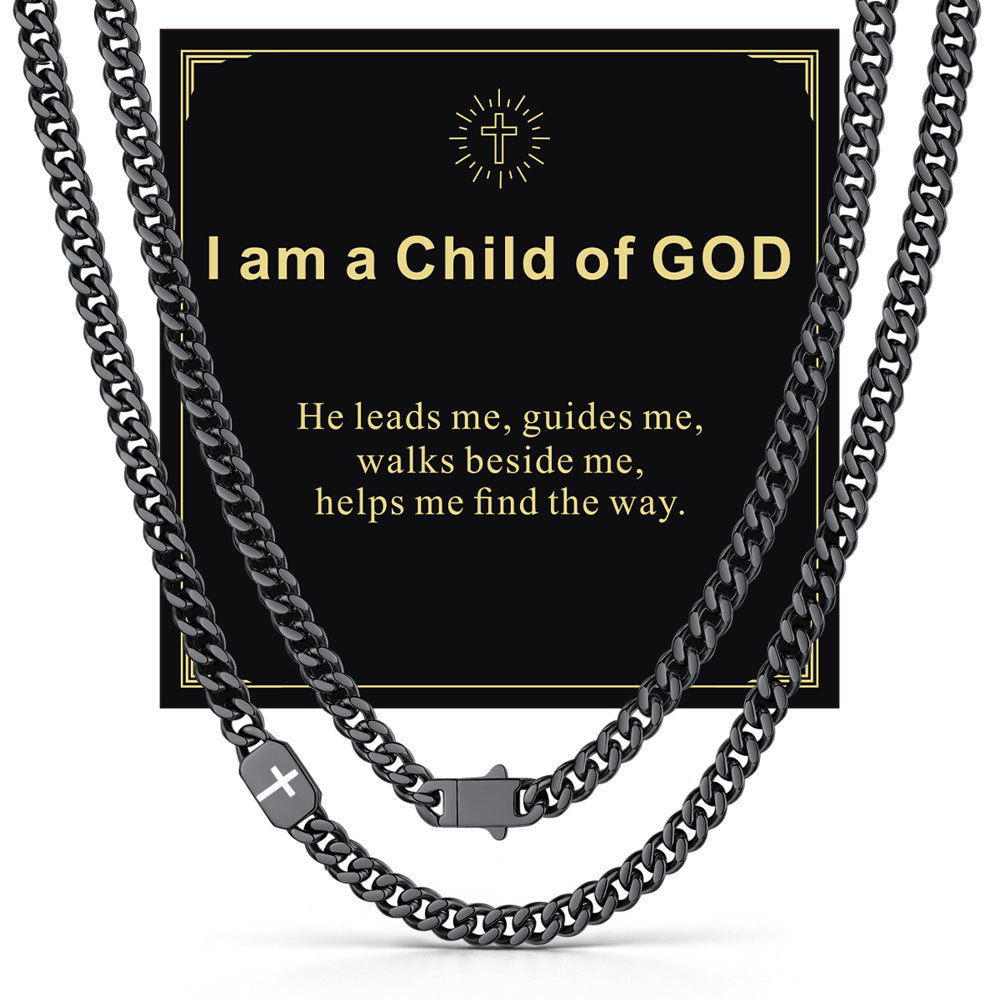 Black 7mm I am a Child of GOD — Bible Verse Cross Cuban Chain Link Necklace for Men