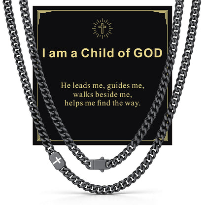 Black 7mm I am a Child of GOD — Bible Verse Cross Cuban Chain Link Necklace for Men