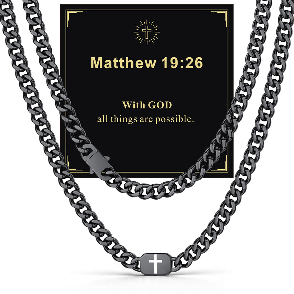 Black 9mm Matthew 28:20 — Bible Verse Cross Cuban Chain Link Necklace for Men