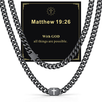 Black 9mm Matthew 28:20 — Bible Verse Cross Cuban Chain Link Necklace for Men