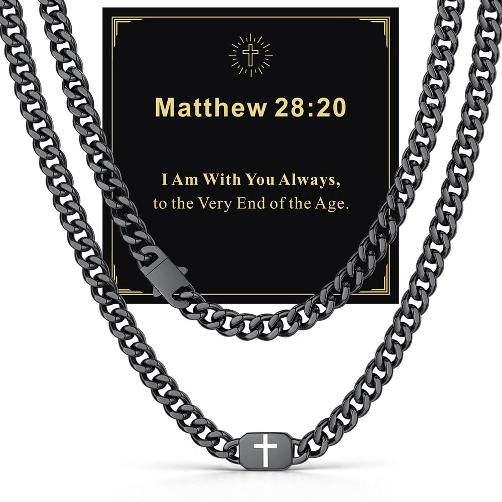 Black 9mm Matthew 19:26 — Bible Verse Cross Cuban Chain Link Necklace for Men