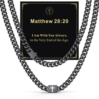 Black 9mm Matthew 19:26 — Bible Verse Cross Cuban Chain Link Necklace for Men
