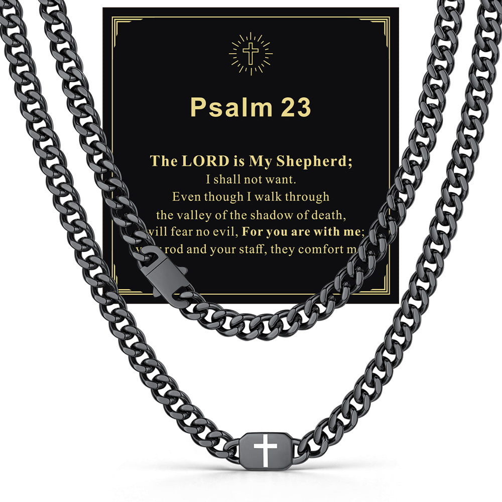 Black 9mm Philippians 4:13 — Bible Verse Cross Cuban Chain Link Necklace for Men